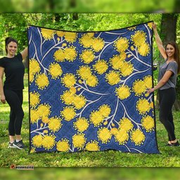Australia Flowers Aboriginal Quilt - Yellow Wattle Flowers With Aboriginal Dot Art Quilt