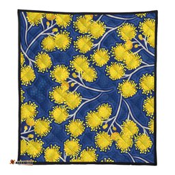 Australia Flowers Aboriginal Quilt - Yellow Wattle Flowers With Aboriginal Dot Art Quilt