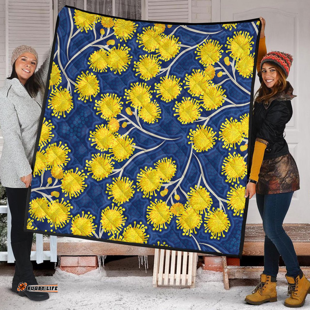 Australia Flowers Aboriginal Quilt - Yellow Wattle Flowers With Aboriginal Dot Art Quilt