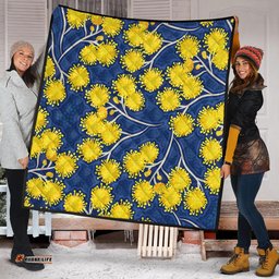 Australia Flowers Aboriginal Quilt - Yellow Wattle Flowers With Aboriginal Dot Art Quilt