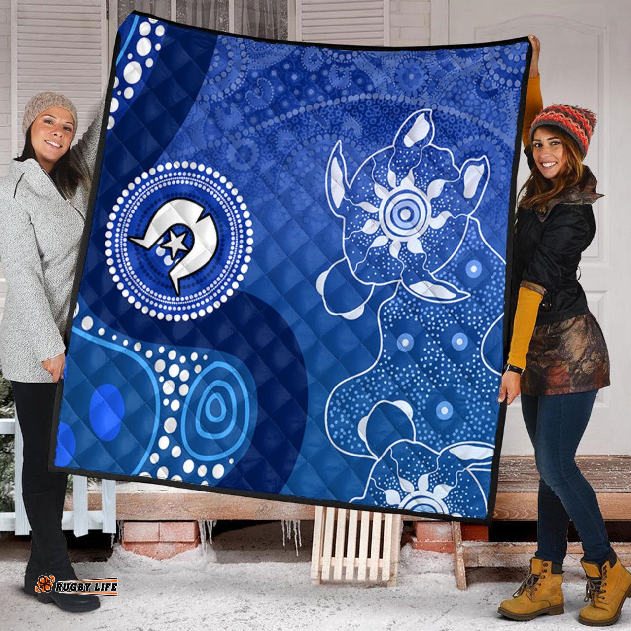Australia Turtles Aboriginal Quilt - Indigenous Dot Turtles In The Ocean (Blue) Quilt