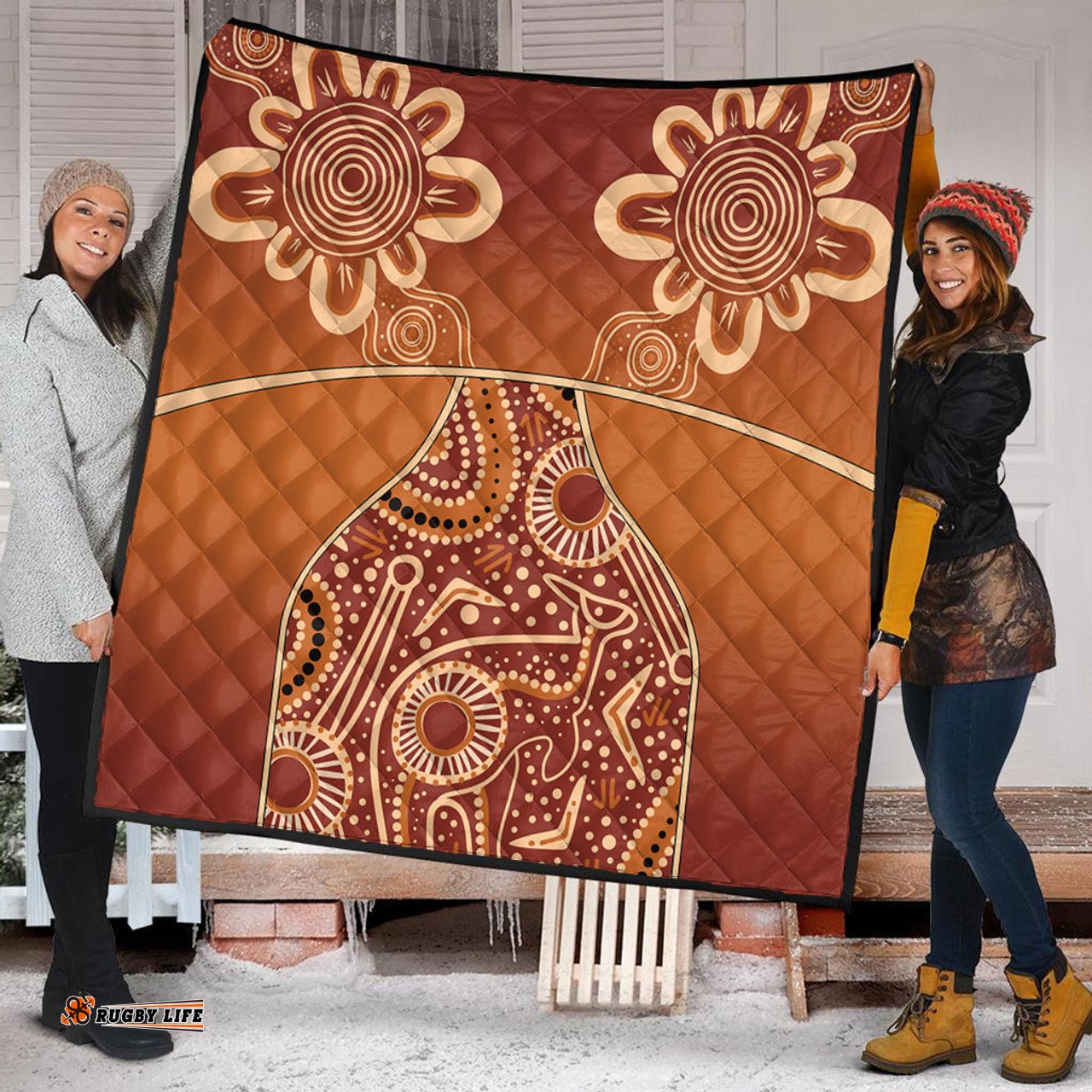 Australia Aboriginal Quilt - Brown Kangaroo In Aboriginal Dot Art Quilt
