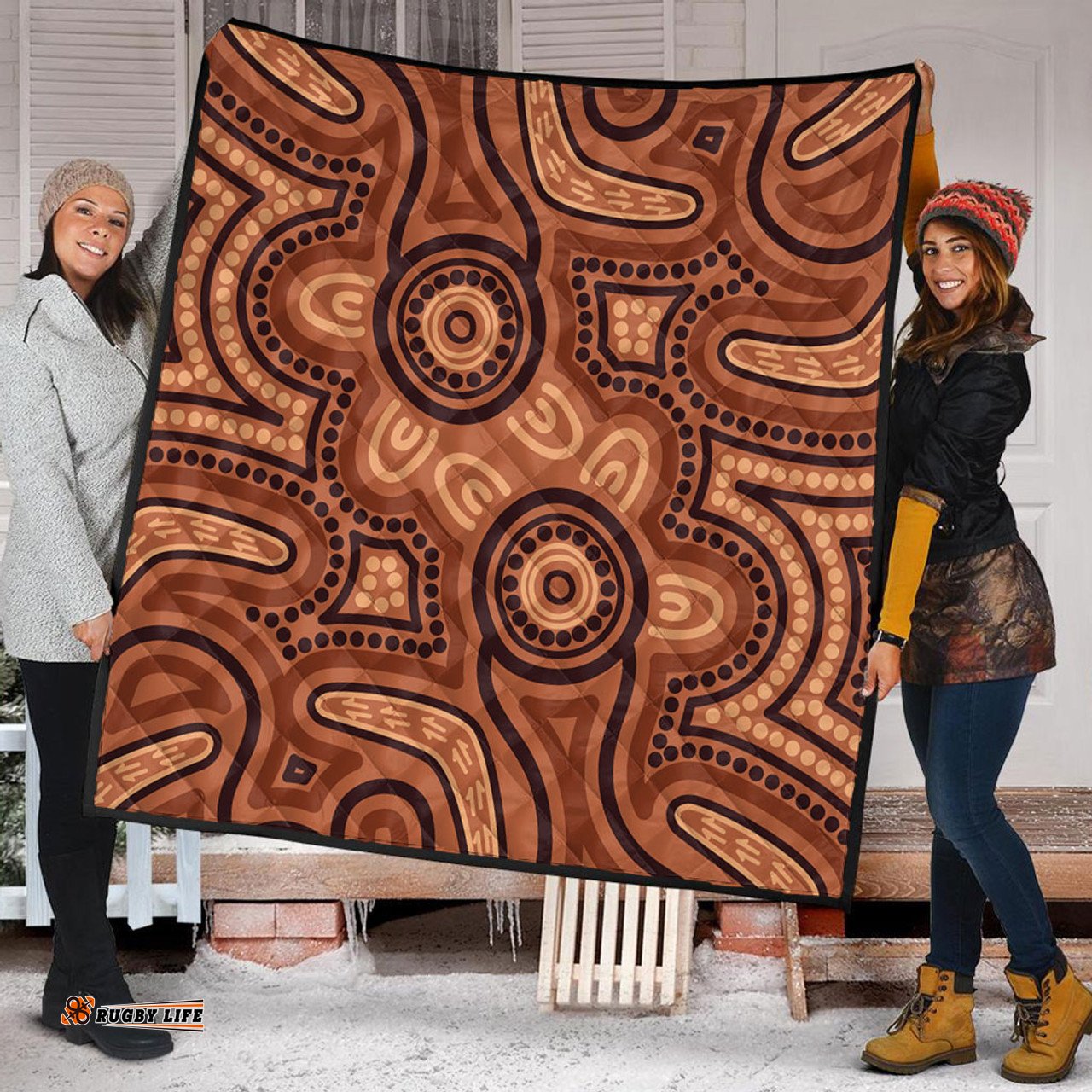Australia Dot Painting Inspired Aboriginal Quilt - Brown Aboriginal Australian Art With Boomerang Quilt