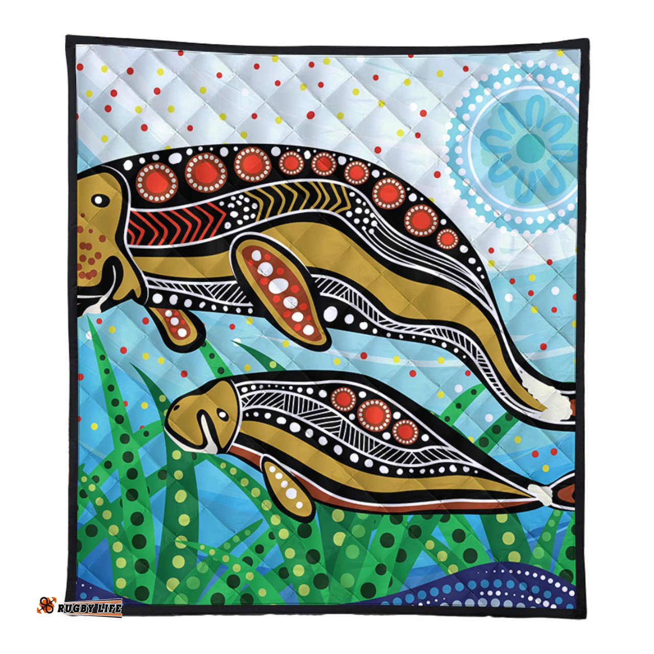 Australia Aboriginal Quilt - Dugong Aboriginal Artwork With Mother And Baby
 Quilt