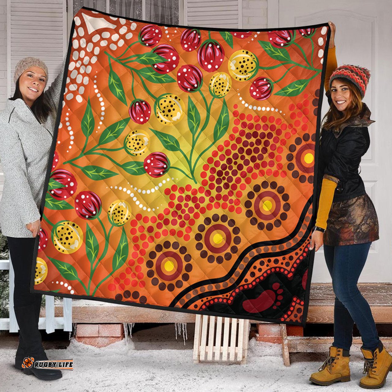 Australia Aboriginal Quilt - Aboriginal Dot Art With Bush Flowers Quilt