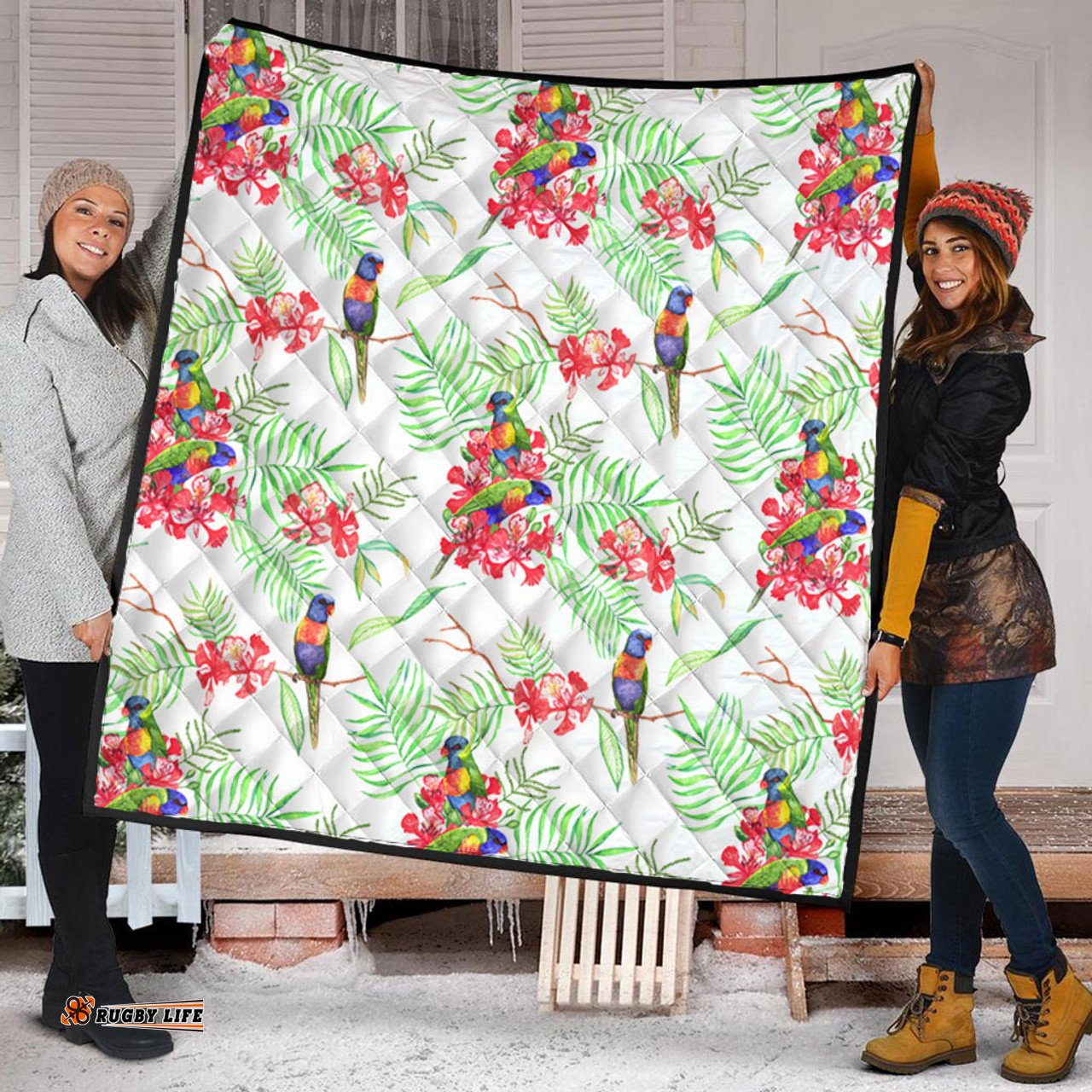 Australia Rainbow Lorikeets Quilt - Rainbow Lorikeets Colorful Tropical Exotic Flowers Quilt