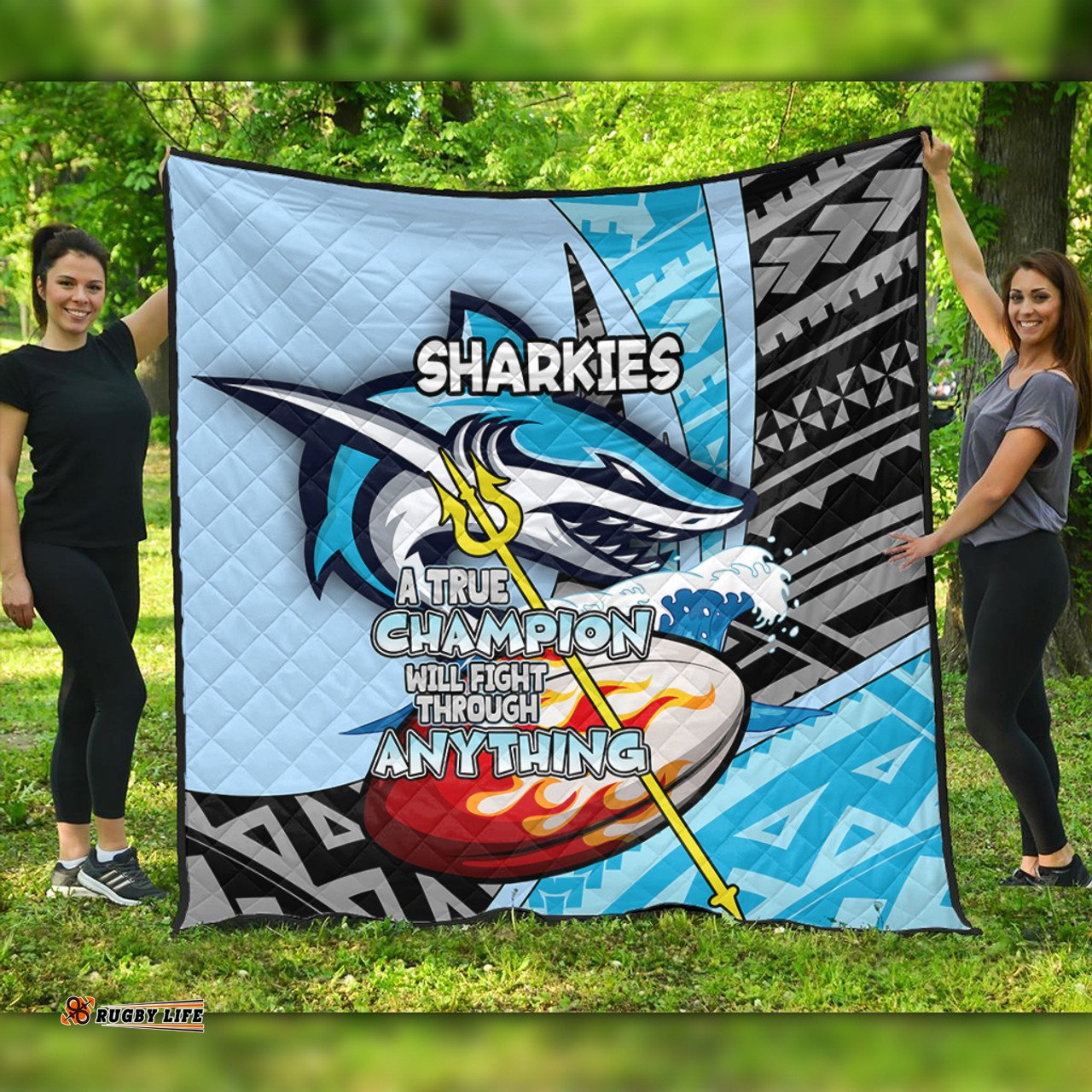 Cronulla-Sutherland Sharks Premium Quilt - A True Champion Will Fight Through Anything With Polynesian Patterns