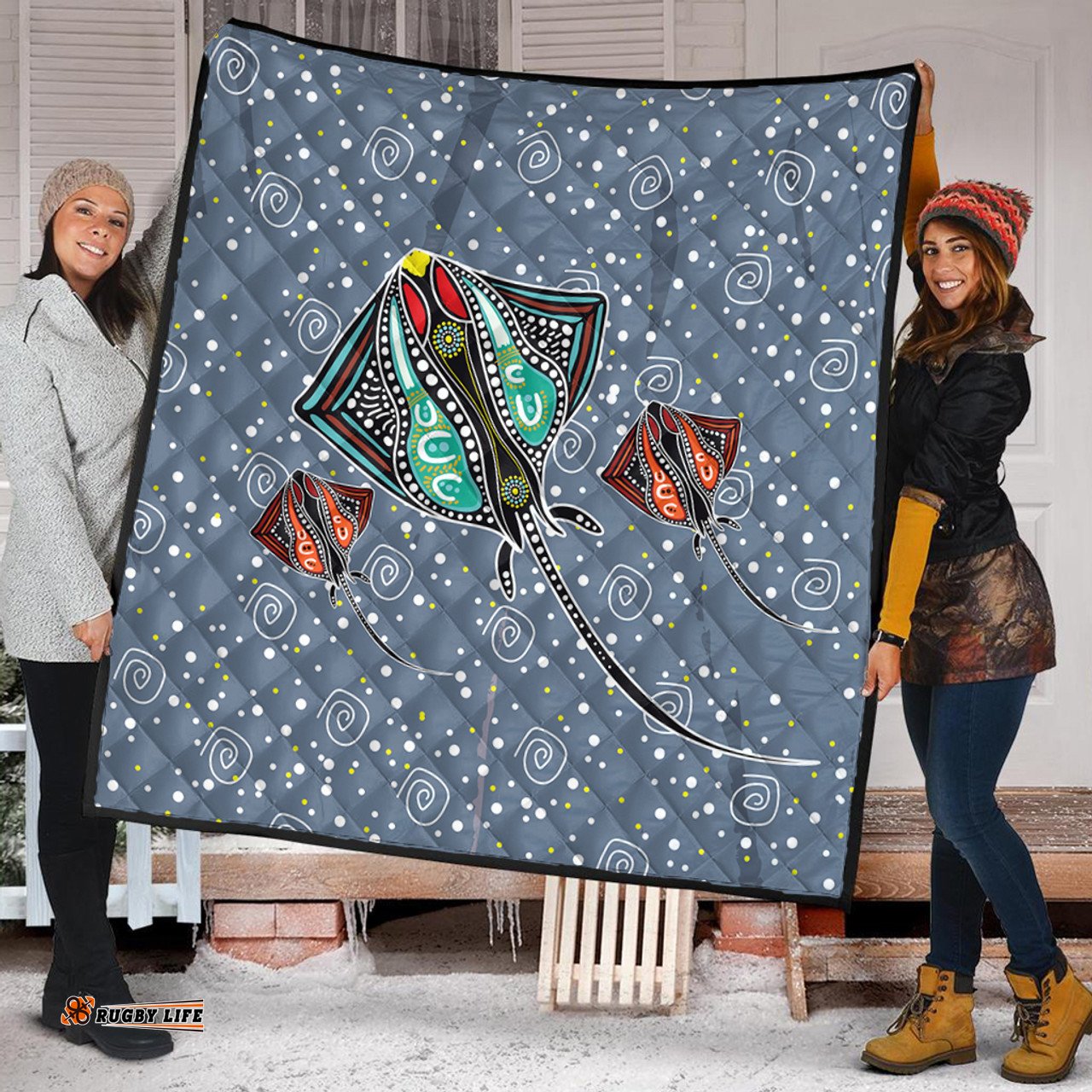 Australia Aboriginal Quilt - Stingray Art In Aboriginal Dot Style Inspired Quilt