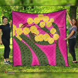 Australia Flowers Aboriginal Quilt - Australian Yellow Wattle Flowers Painting In Aboriginal Dot Art Style Quilt