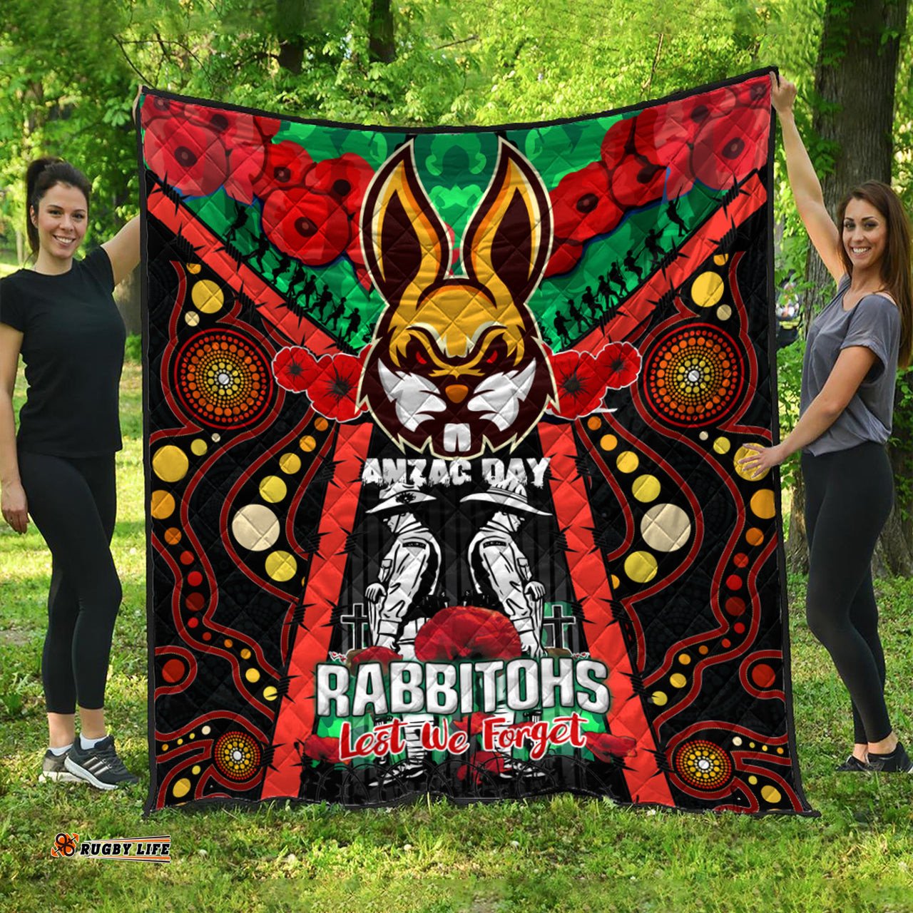 rabbitohs rugby aboriginal anzac day custom watercolour quilt remembrance indigenous rabbitohs with poppy flower