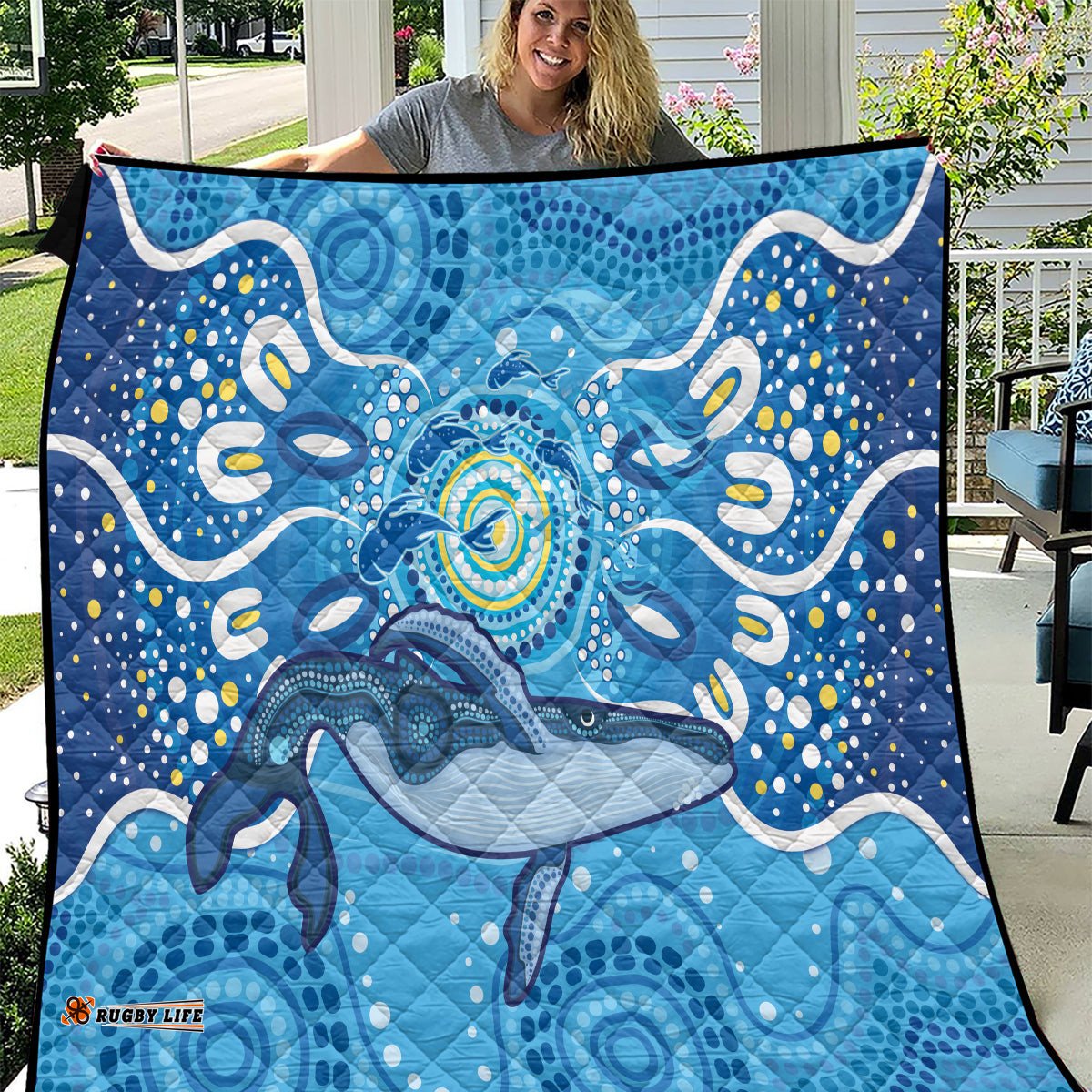 whale in the ocean aboriginal dot art quilt no1