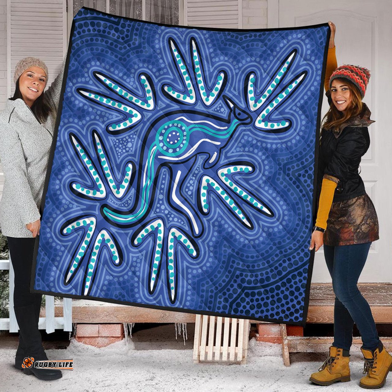 Amazing Aussie Australia Aboriginal Blue Aboriginal Style Of Dot Kangaroo Artwork Quilt