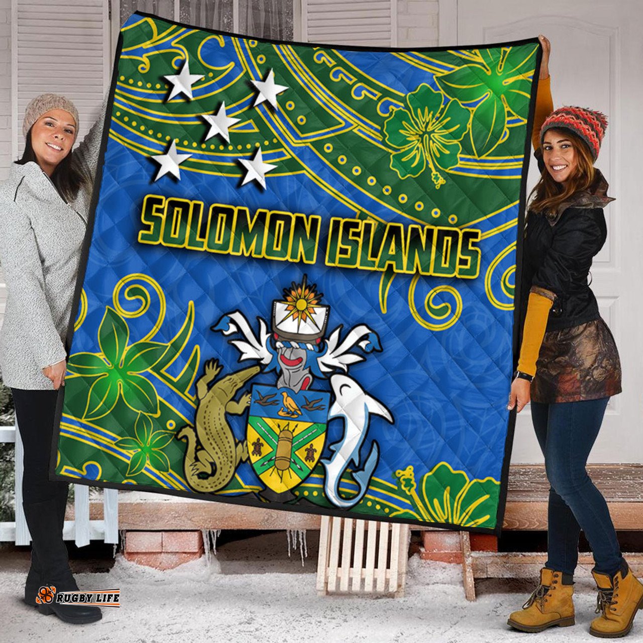Amazing Aussie Australia South Sea Islanders Solomon Islands Symbol In Polynesian Patterns With Tropical Flowers Style Quilt