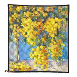 Amazing Aussie Australia Golden Wattle Golden Wattle Bouquet Blue Background Oil Painting Art Quilt