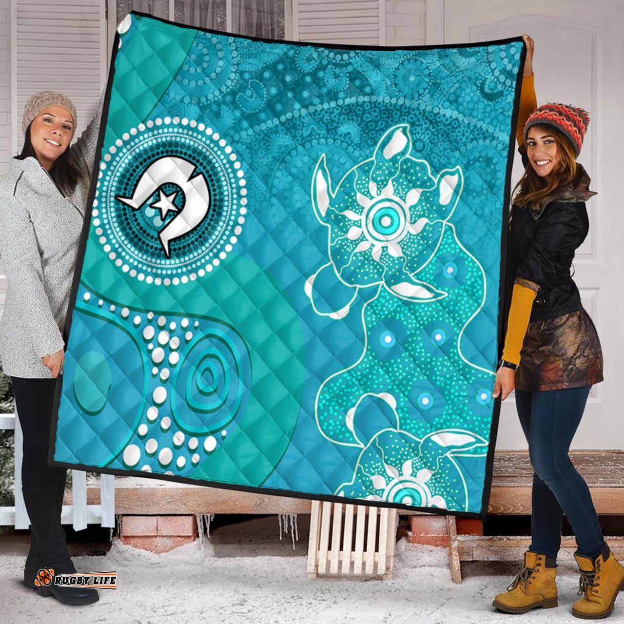 Amazing Aussie Australia Turtles Aboriginal Indigenous Dot Turtles In The Ocean (Turquoise) Quilt