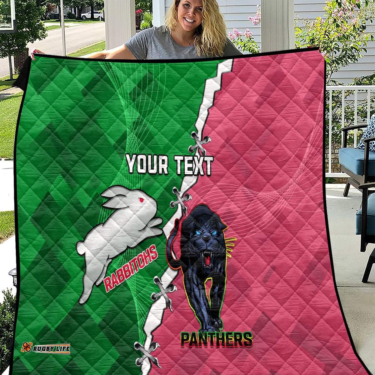 personalised panthers and rabbitohs rugby quilt 2024 souths the riff together