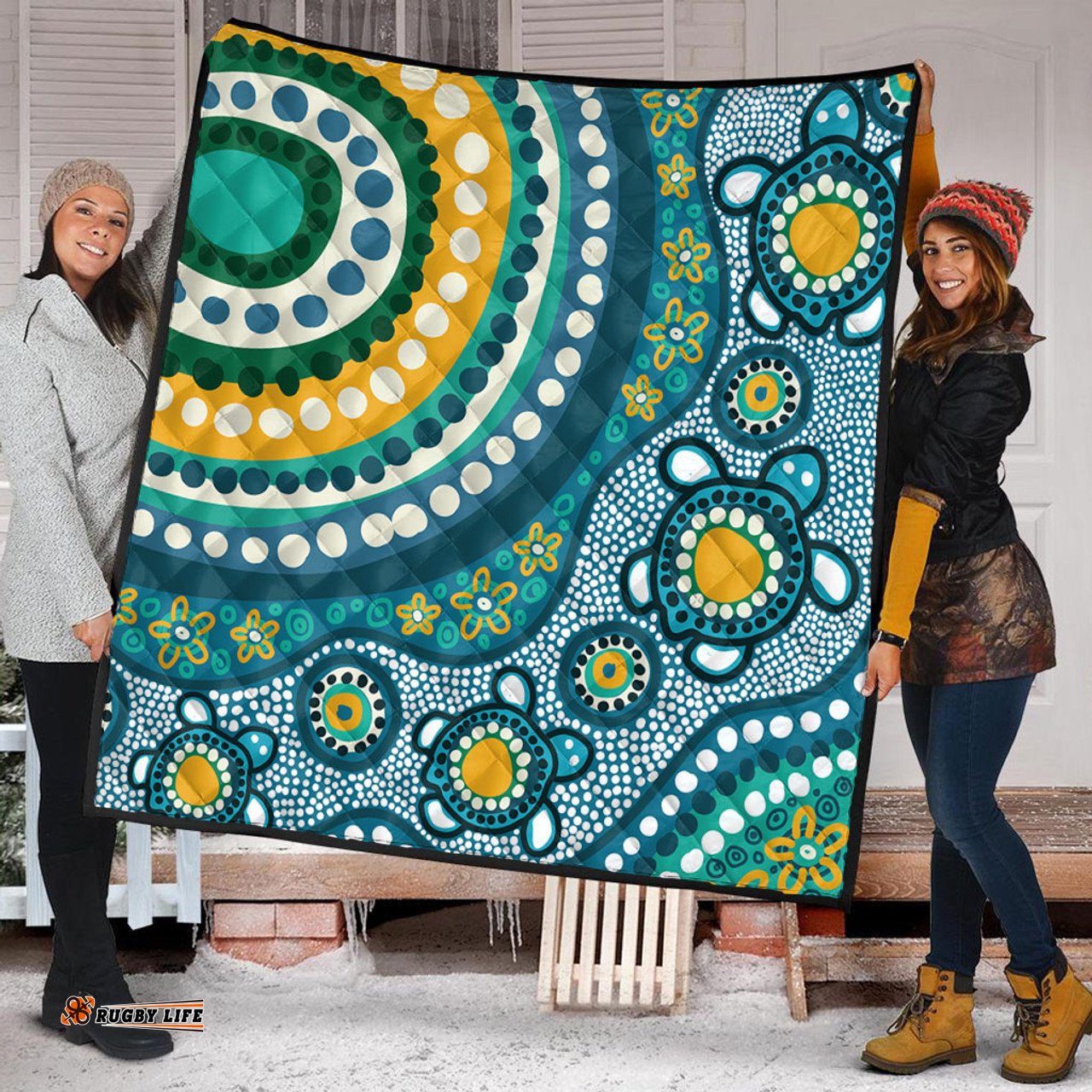 Amazing Aussie Australia Aboriginal Turquoise Aboriginal Dot Art With Turtle Quilt