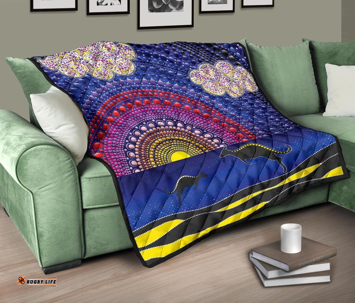 aboriginal premium quilt sunset over the sea and kangaroo dot painting