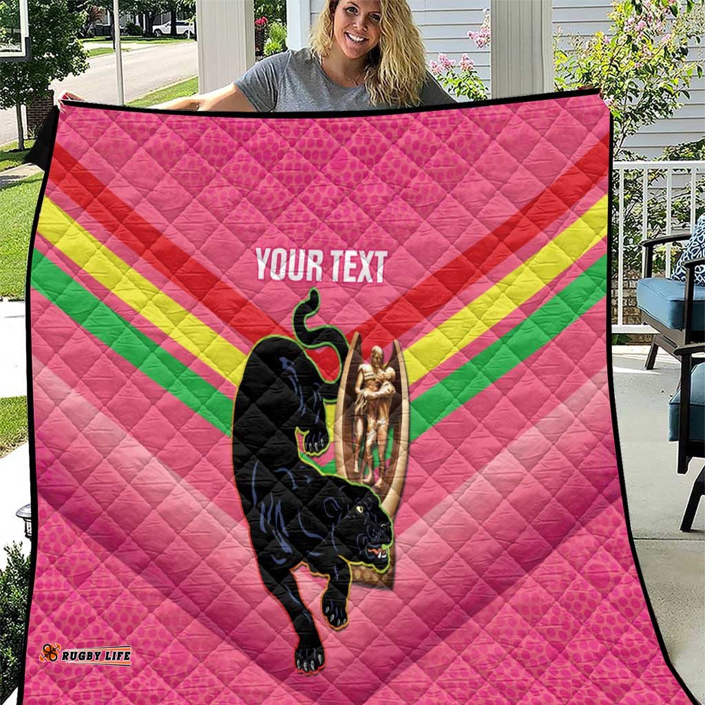 personalised panthers rugby 2024 quilt mascot with trophy go champions aboriginal art pink