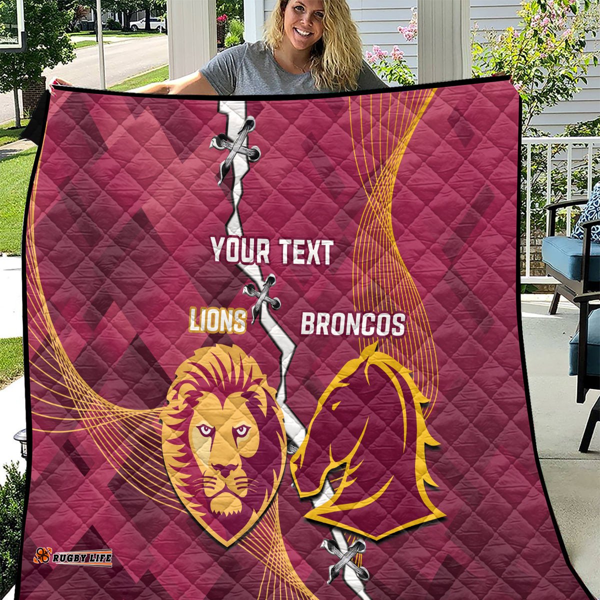 personalised lions football and broncos rugby quilt sporty version