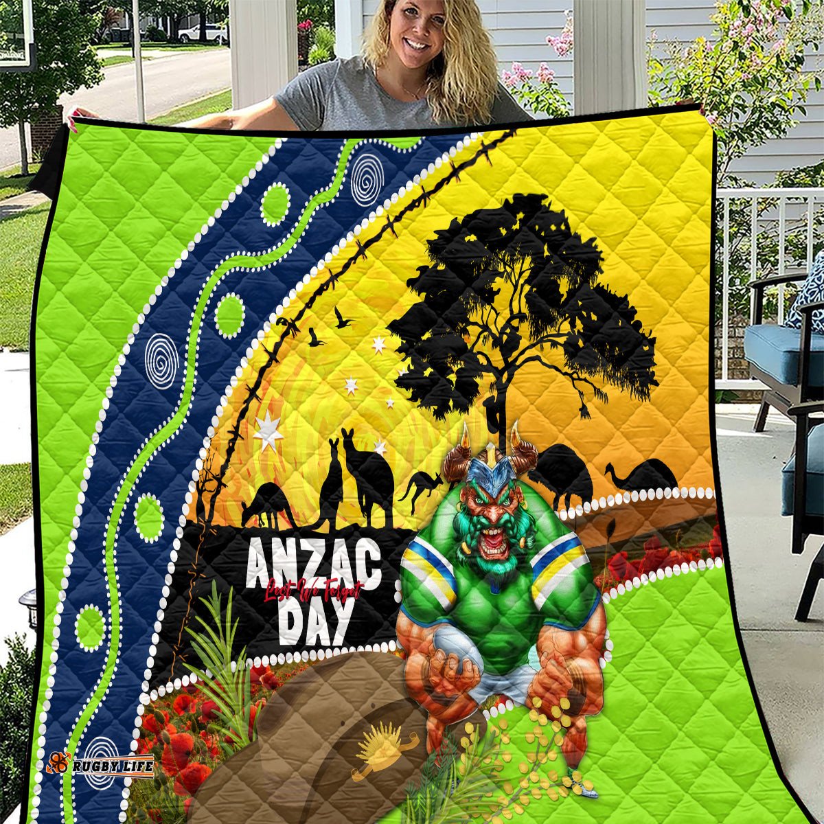 raiders rugby anzac day quilt green machine mascot rosemary starry night