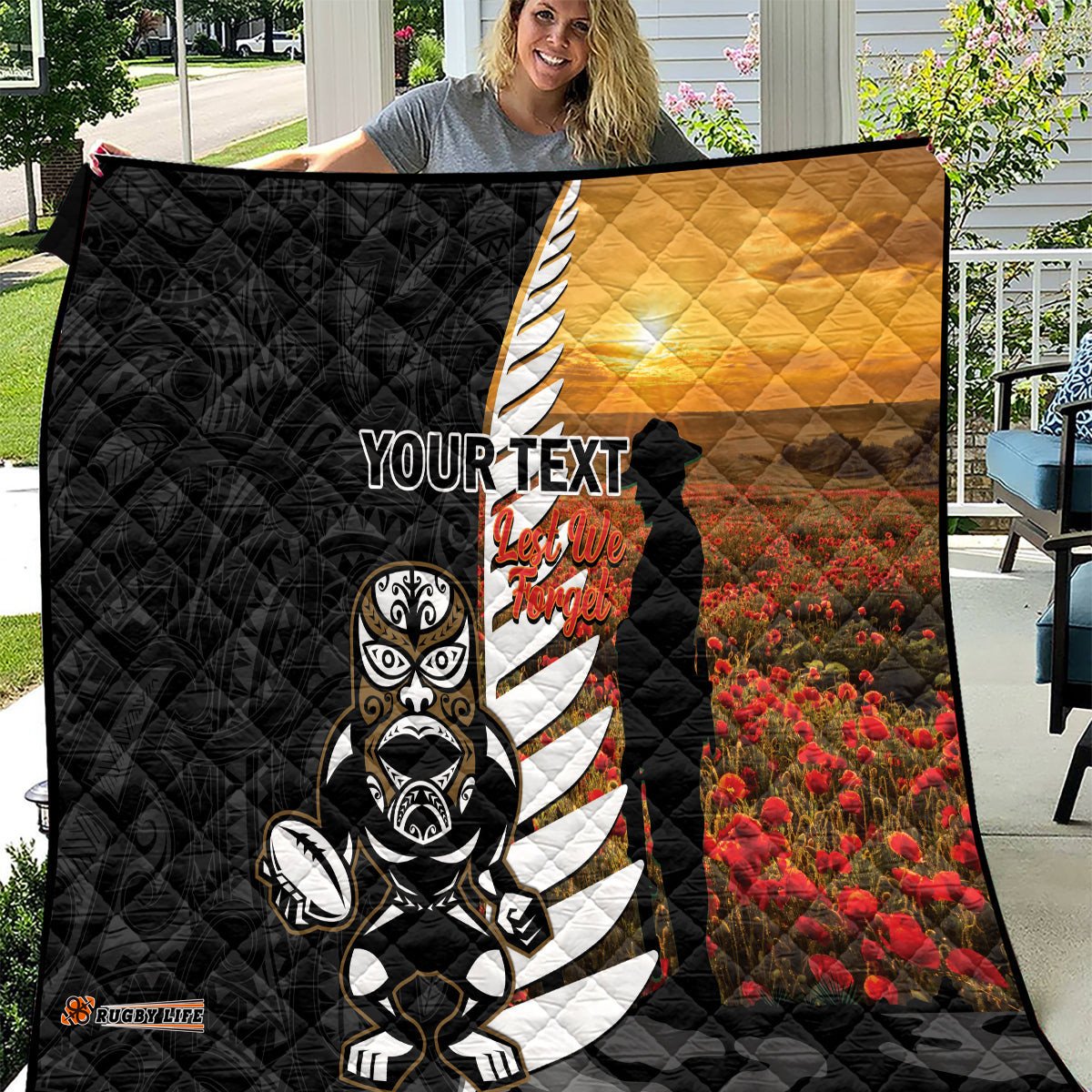custom new zealand silver fern rugby anzac day quilt 2024 all black tiki mascot