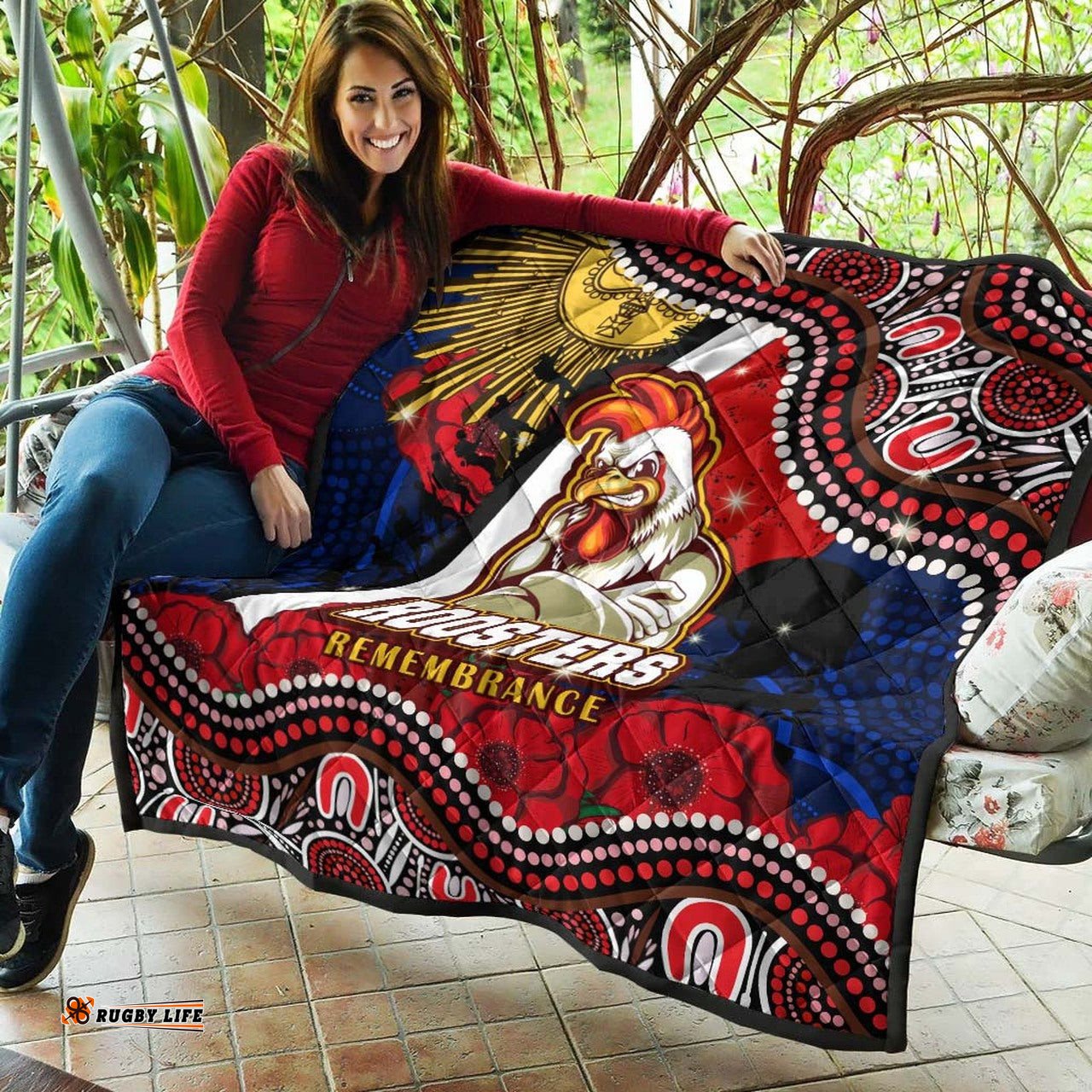 roosters rugby anzac aboriginal quilt sydney roosters with remembrance day poppy flower quilt
