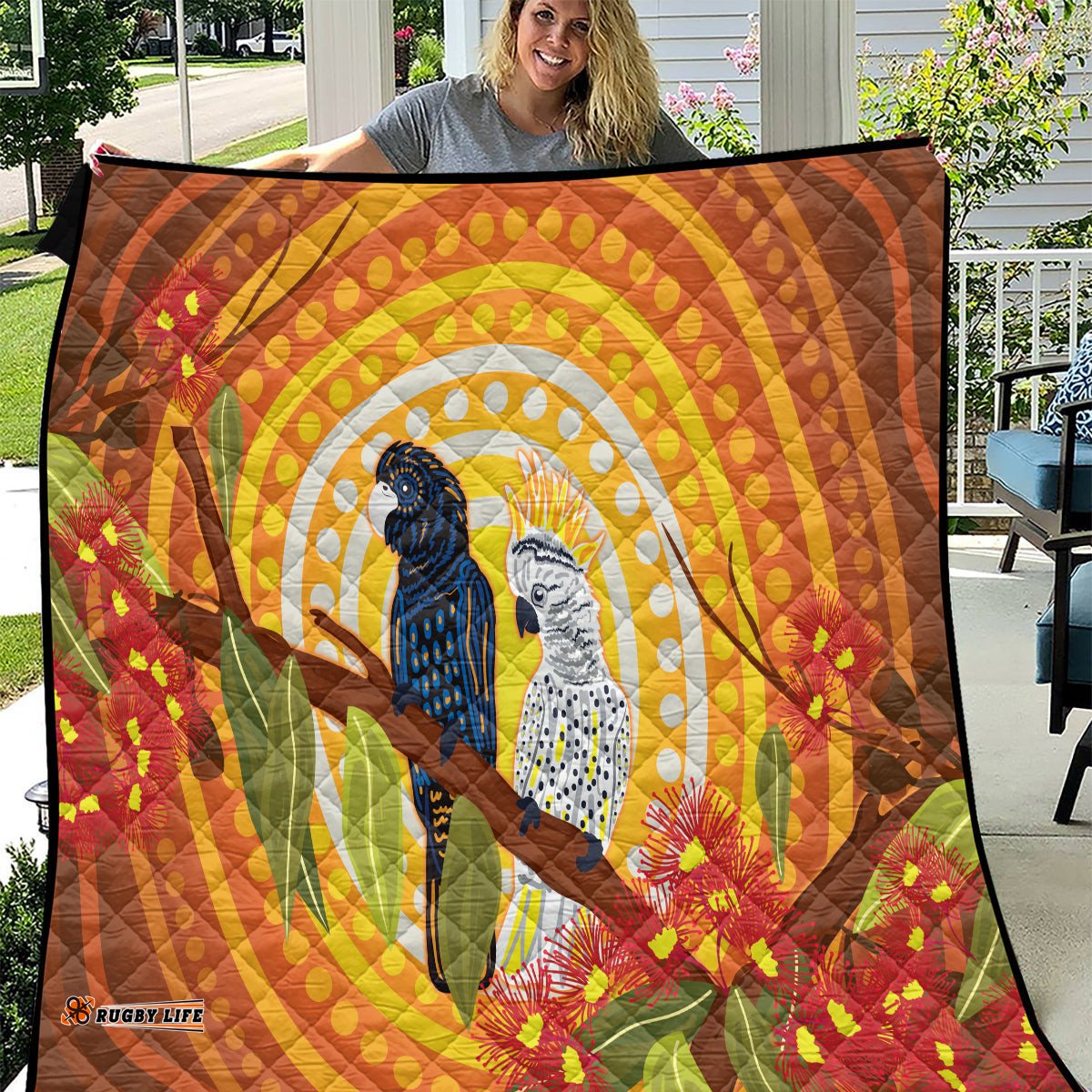 black and white cockatoo birds aboriginal art quilt