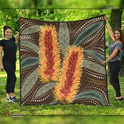 Australia Flowers Aboriginal Quilt - Aboriginal Dot Art With Yellow Banksia Flower Quilt