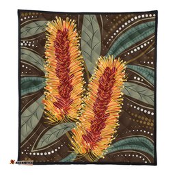 Australia Flowers Aboriginal Quilt - Aboriginal Dot Art With Yellow Banksia Flower Quilt