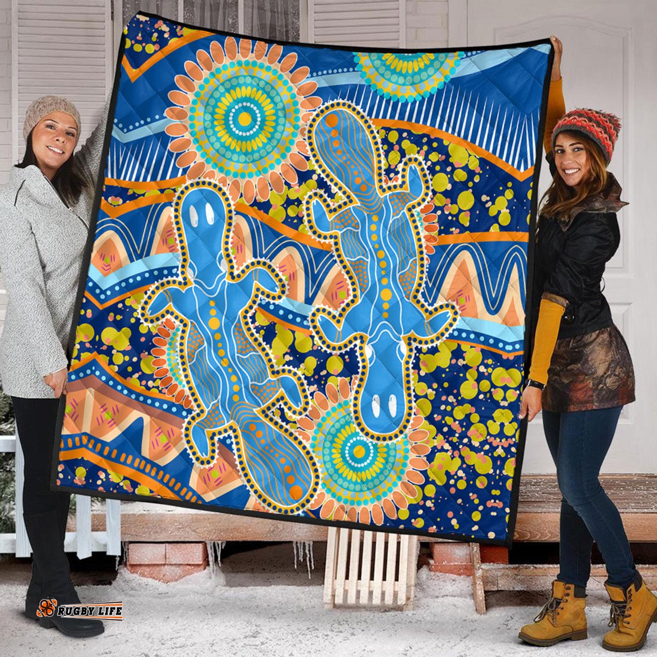 Australia Animals Platypus Aboriginal Quilt - Blue Platypus With Aboriginal Art Dot Painting Patterns Inspired Quilt