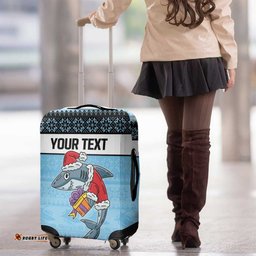 NRL Cronulla Sutherland Christmas Personalised Luggage Cover with Sharkies Santa