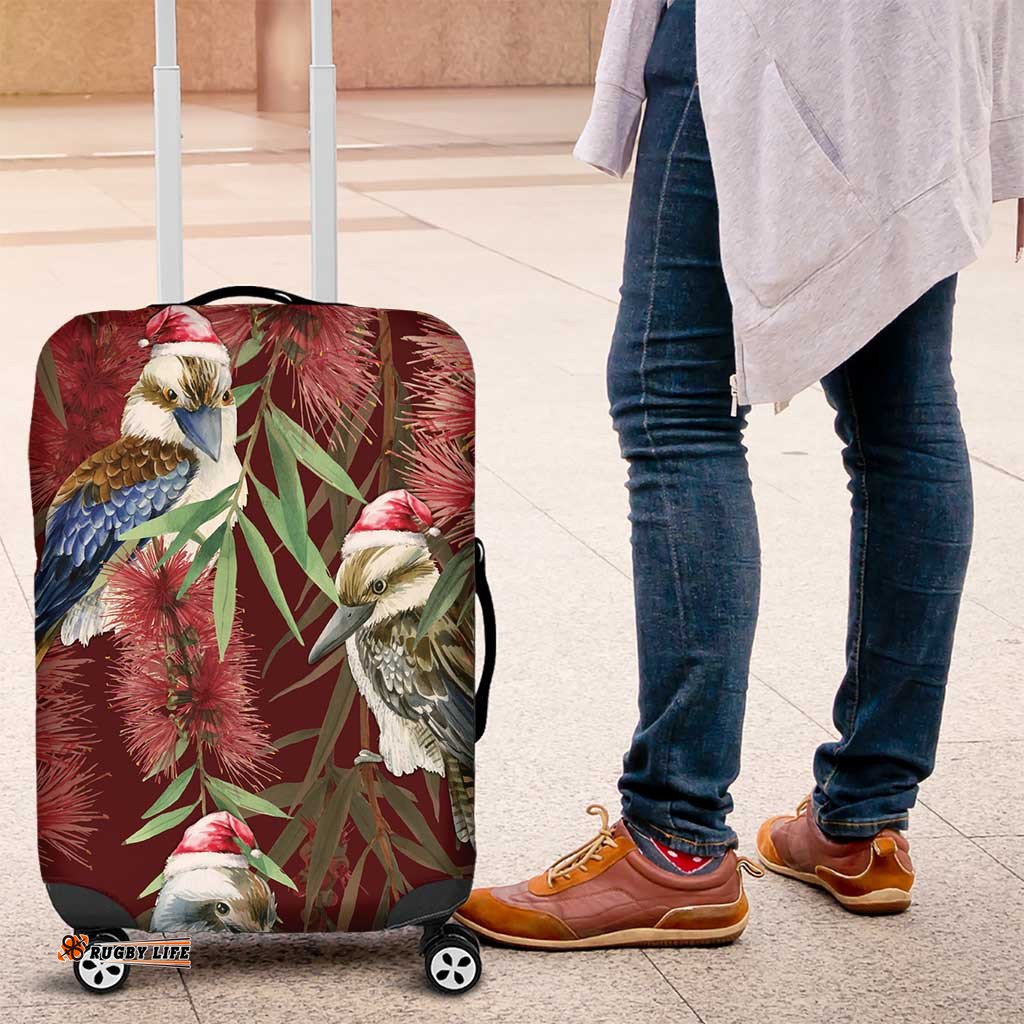 Australia Christmas Luggage Cover Kookaburra Santa on Red Bottlebrush