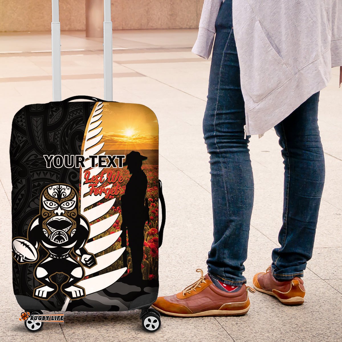 Custom New Zealand Silver Fern Rugby ANZAC Day Luggage Cover 2024 All Black Tiki Mascot