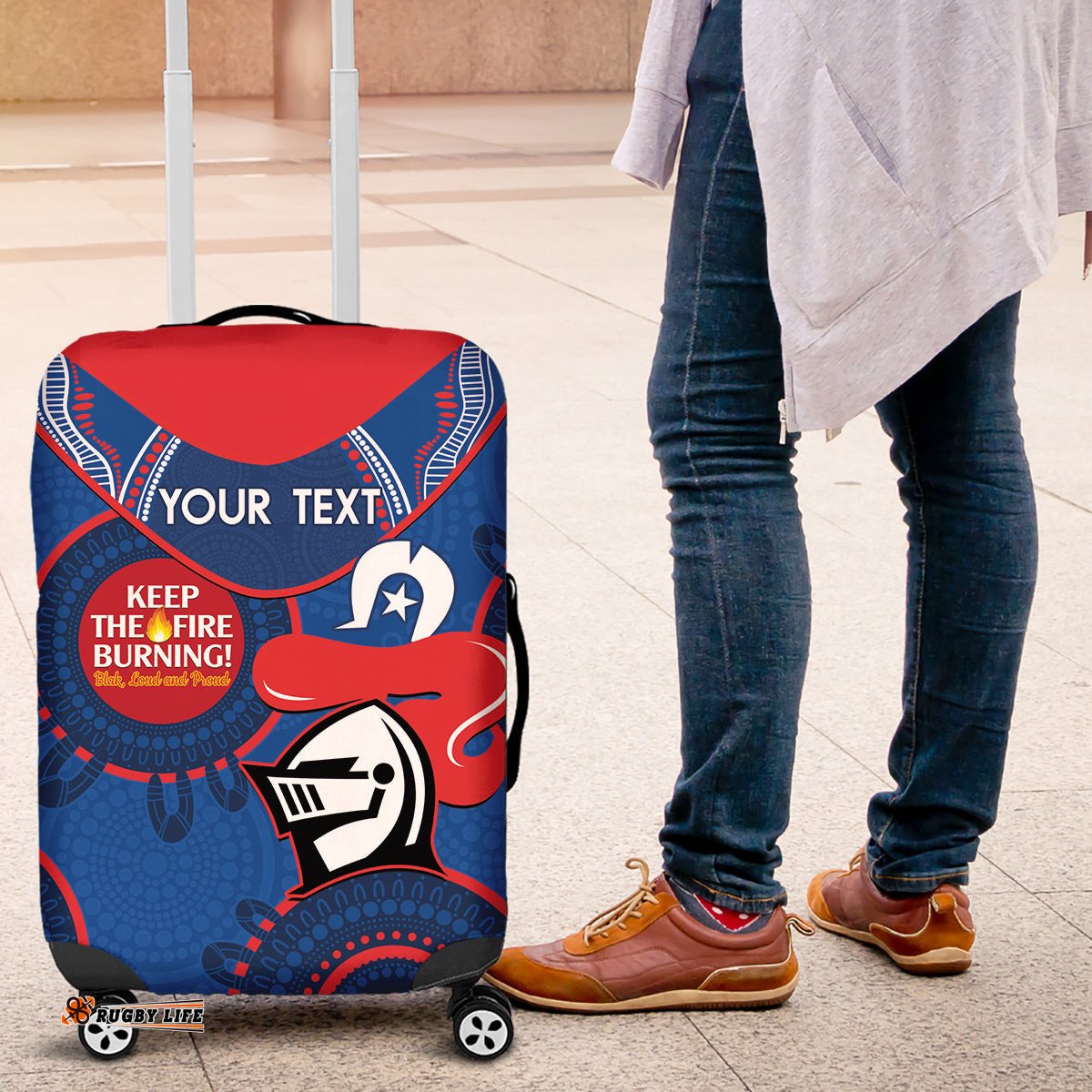 Custom NRL Knights NAIDOC Week Luggage Cover Keep The Fire Burning Indigenous Art