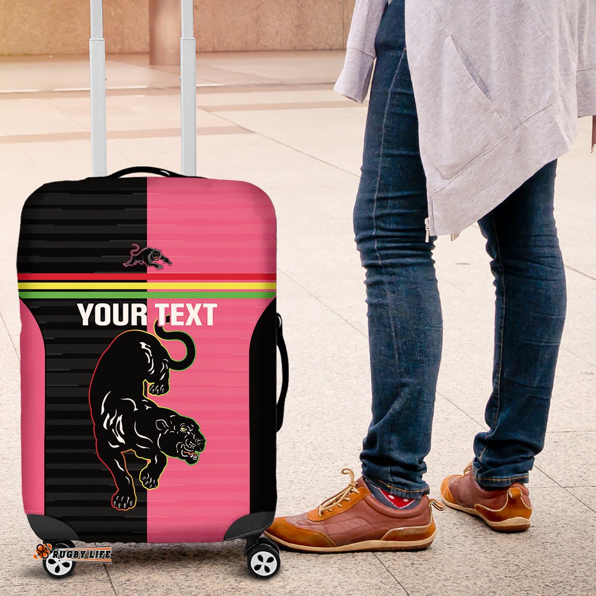 Custom Panthers Rugby Luggage Cover Black Pink Color Sporty Style