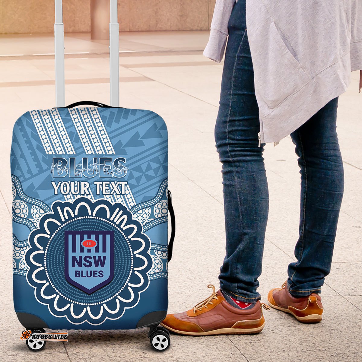 Custom NSW Blues Rugby Luggage Cover Aussie Aboriginal Mix Polynesian Pattern