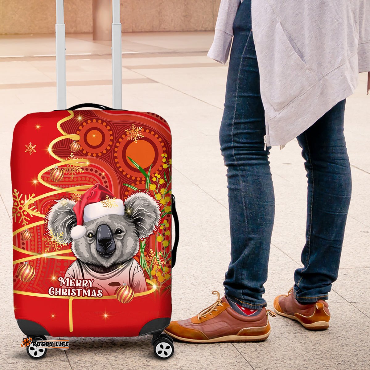 Personalised Australia Koala Christmas Luggage Cover Aboriginal Art With Golden Wattle