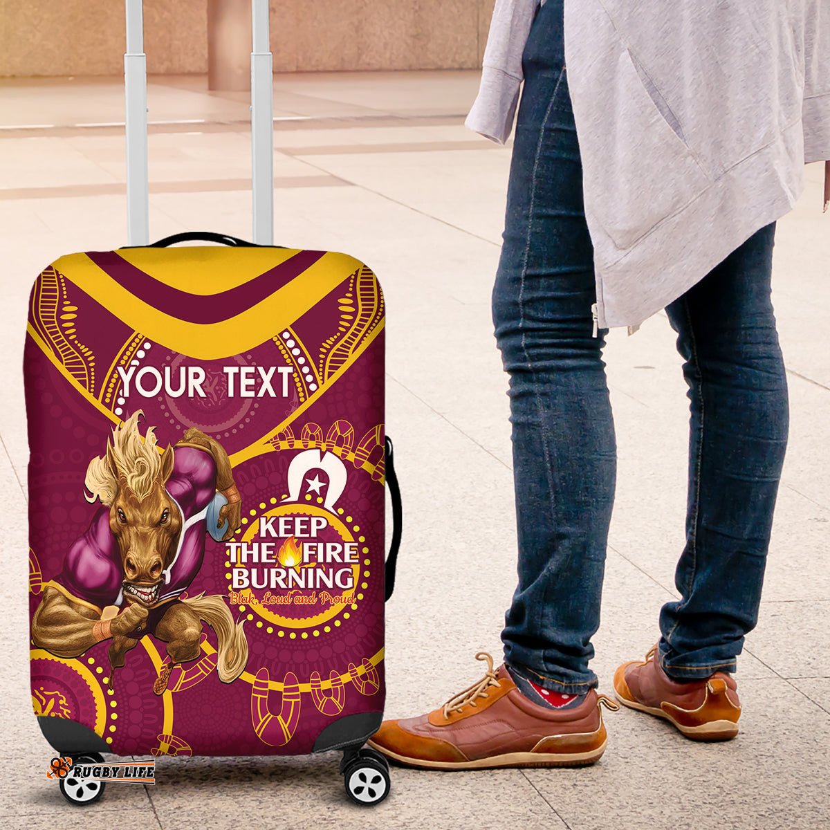 Custom NRL Broncos NAIDOC Week Luggage Cover Keep The Fire Burning Indigenous Art