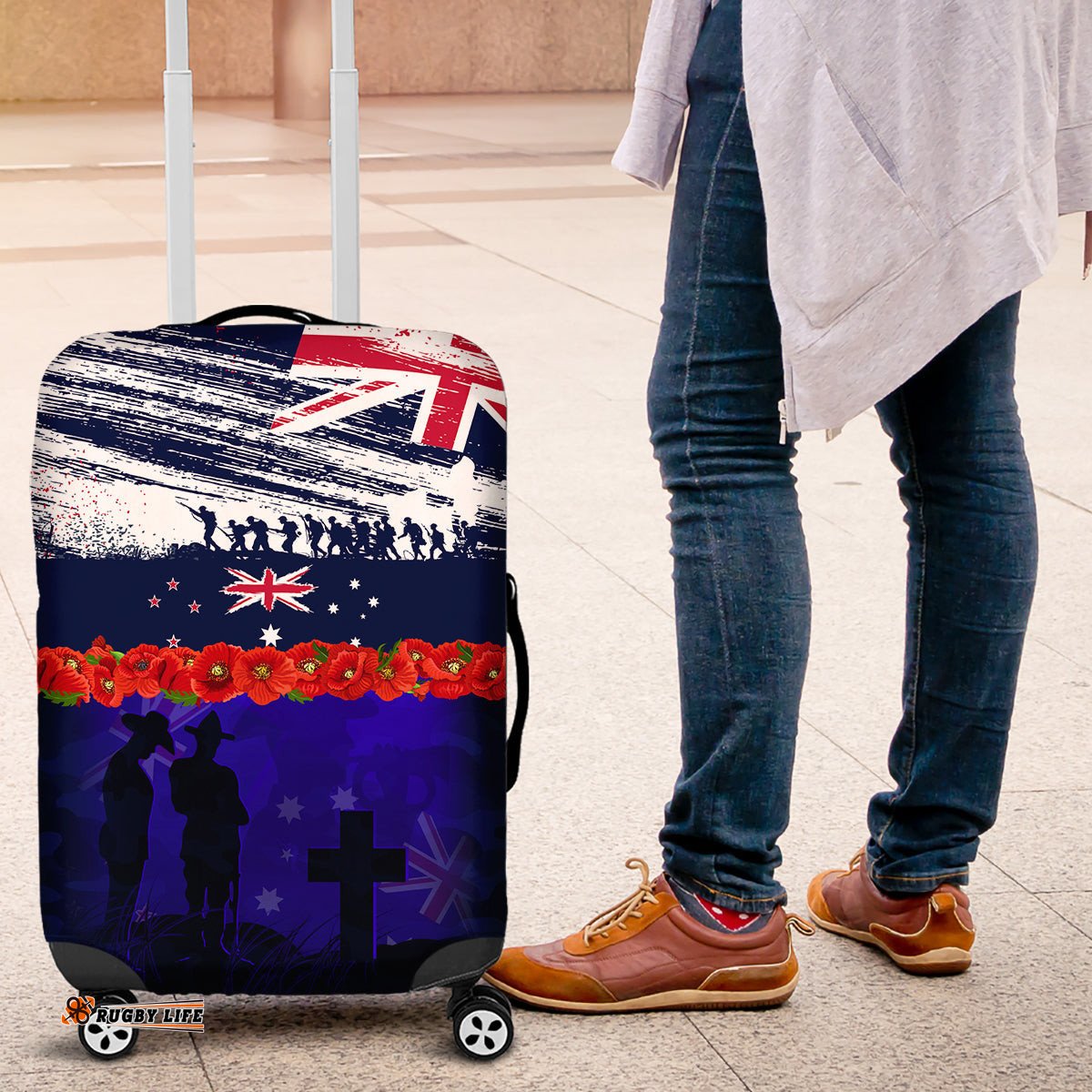 New Zealand and Australia ANZAC Day Luggage Cover Lest We Forget Red Poppy Flowers and Soldier