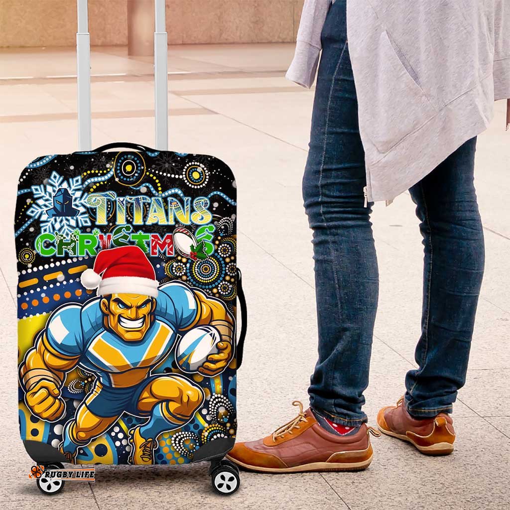Merry Christmas Gold Coast Titans Luggage Cover Aboriginal Santa Rugby Mascot Light Blue