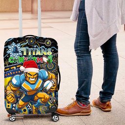 Merry Christmas Gold Coast Titans Luggage Cover Aboriginal Santa Rugby Mascot Light Blue
