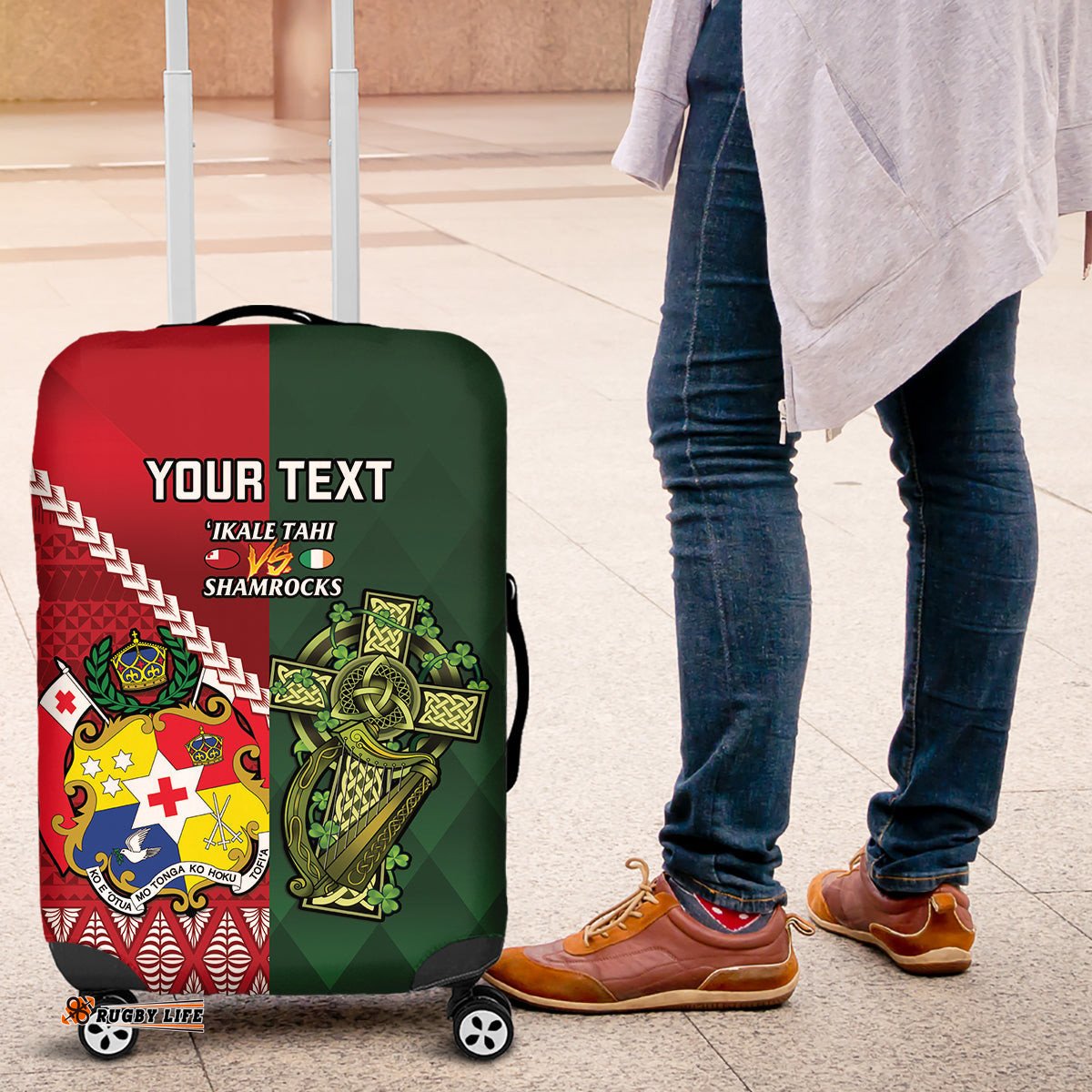 Custom Tonga And Ireland Rugby Luggage Cover Ikale Tahi With Shamrocks