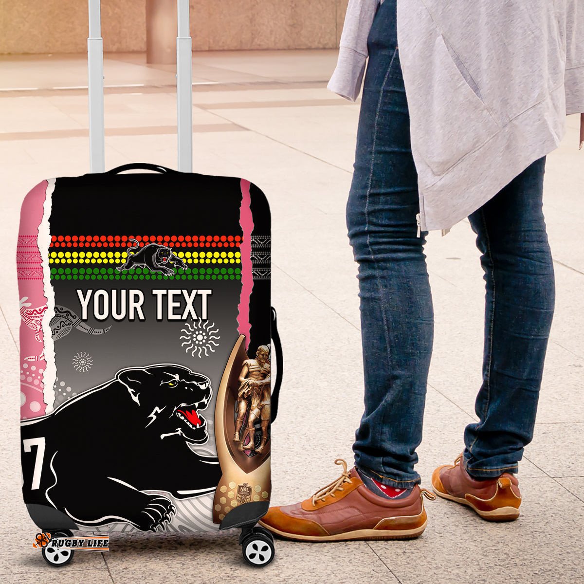 Personalised Panther Rugby NRL Premiers Luggage Cover Panther Pride Black & Pink Aboriginal Mix Art