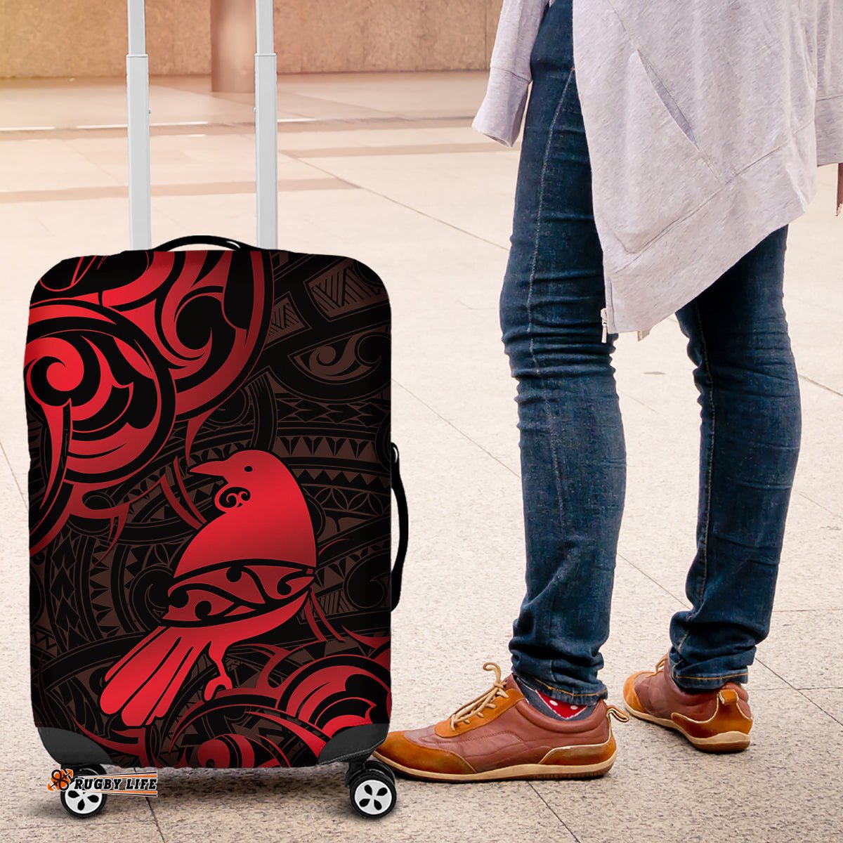 New Zealand Tui Bird Luggage Cover Aotearoa Maori Pattern Red