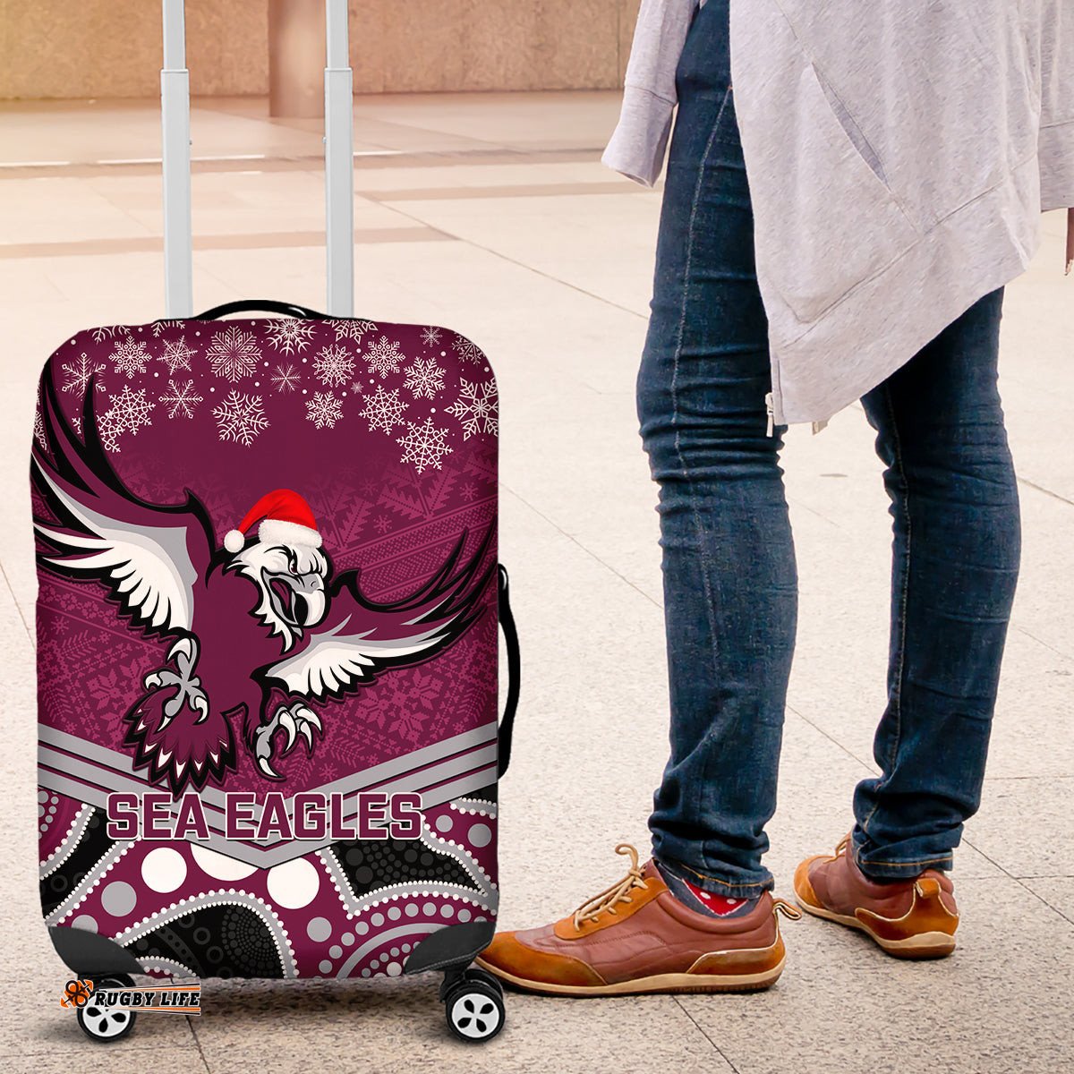 Sea Eagles Rugby Christmas Luggage Cover Merry Xmas Mix Aboriginal Art