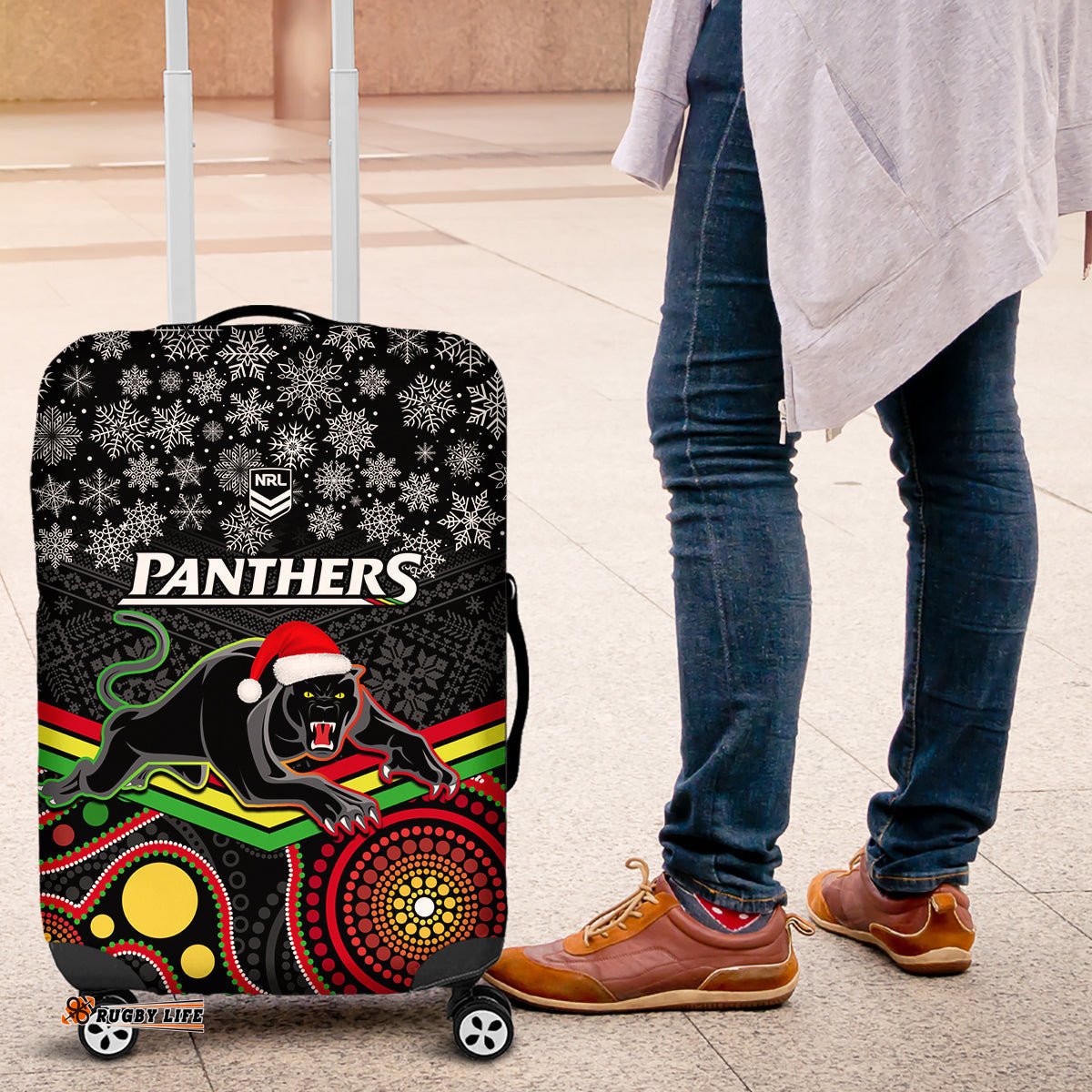 Panthers Rugby Christmas Luggage Cover Merry Xmas Mix Aboriginal Art Black Version