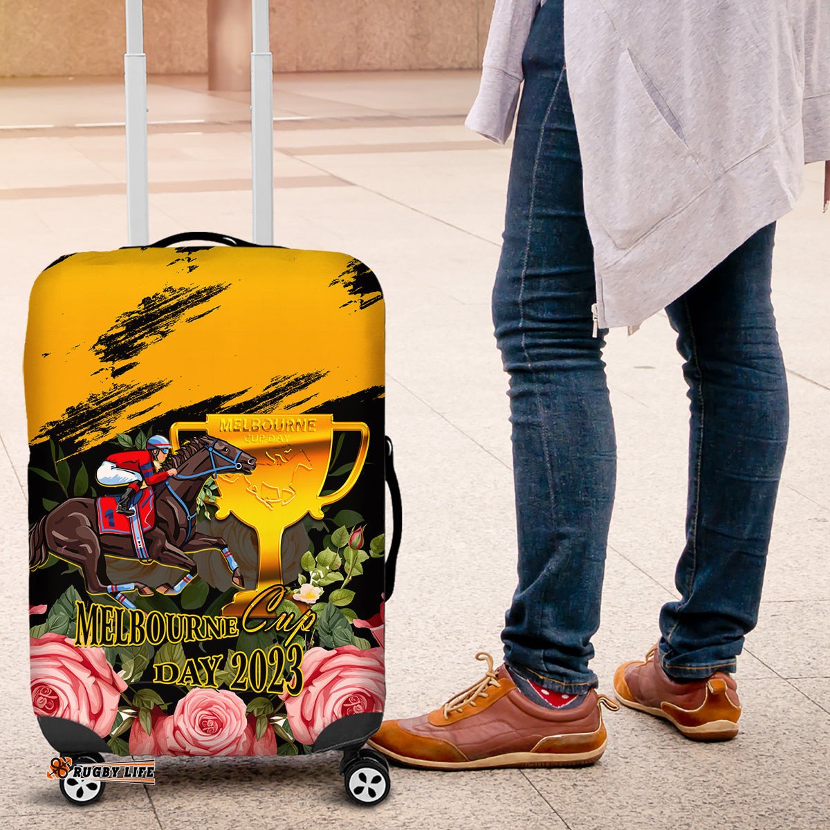 Personalised Australia Melbourne Cup Day Luggage Cover Horse Racing Trophy With Roses