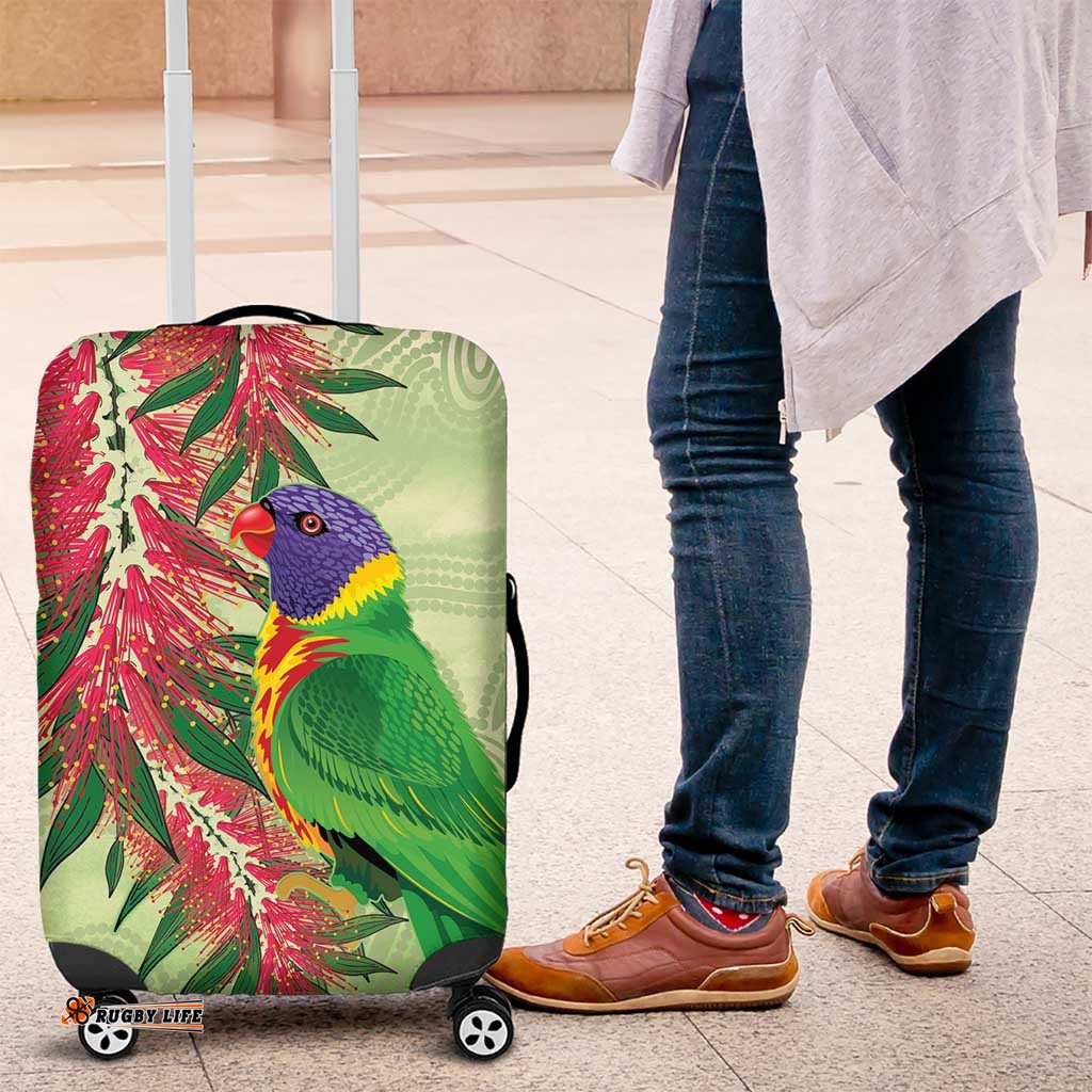 Australia Bottlebrush And Lorikeets Luggage Cover Aboriginal Art Watercolor Style