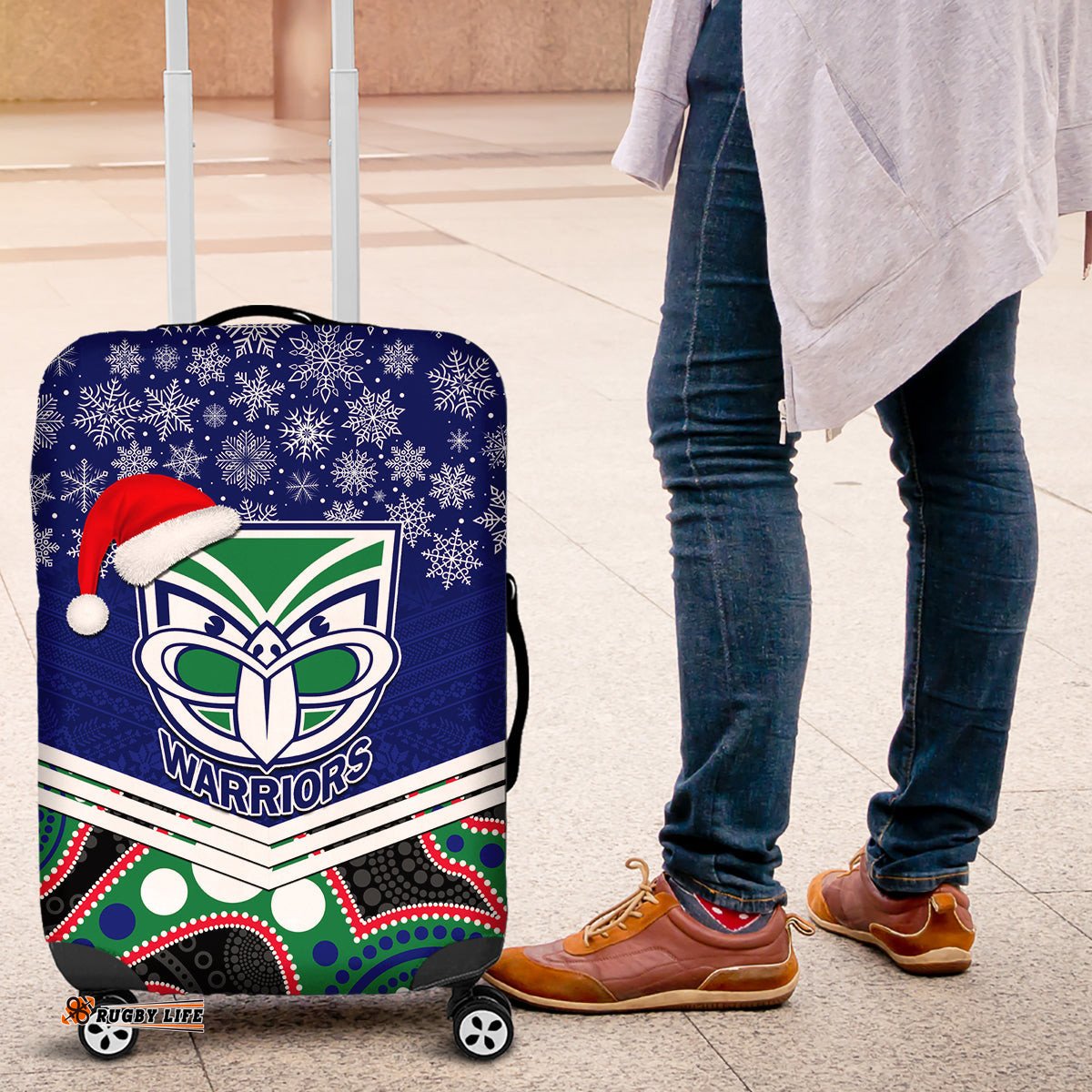Warriors Rugby Christmas Luggage Cover Merry Xmas Mix Aboriginal Art